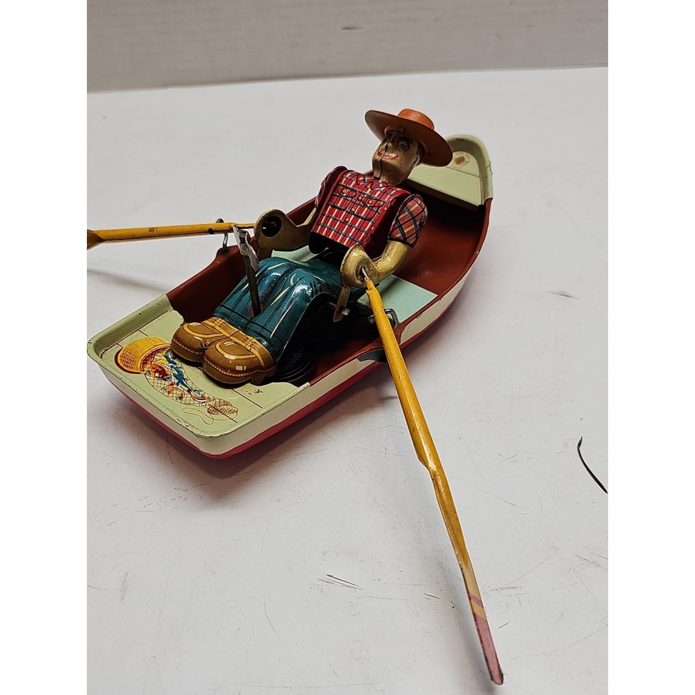 Vintage Japanese Windup Tin Litho Man Rowing Toy